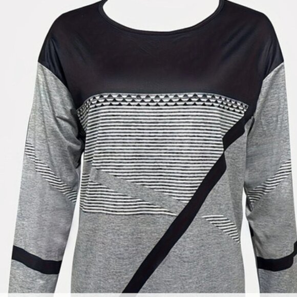 Black, Grey and White Striped Print Color Block Versatile Long Sleeve T-Shirt Si - Picture 2 of 3